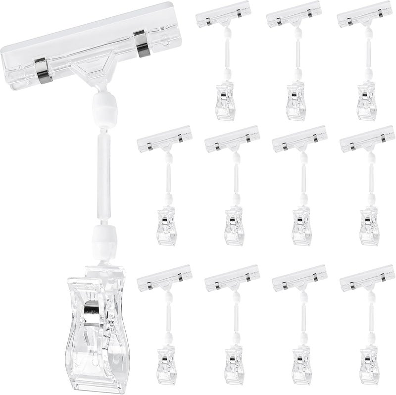 Inchoco Clear Sign Clips on Merchandise Display 12 Pack Plastic Label Pop Clips on Sign Holder Shelf Double Sided Swivel Price Tag Clips on Clothing Rack Signs Rotatable Menu Clips for Sale Retail Display - Image 1